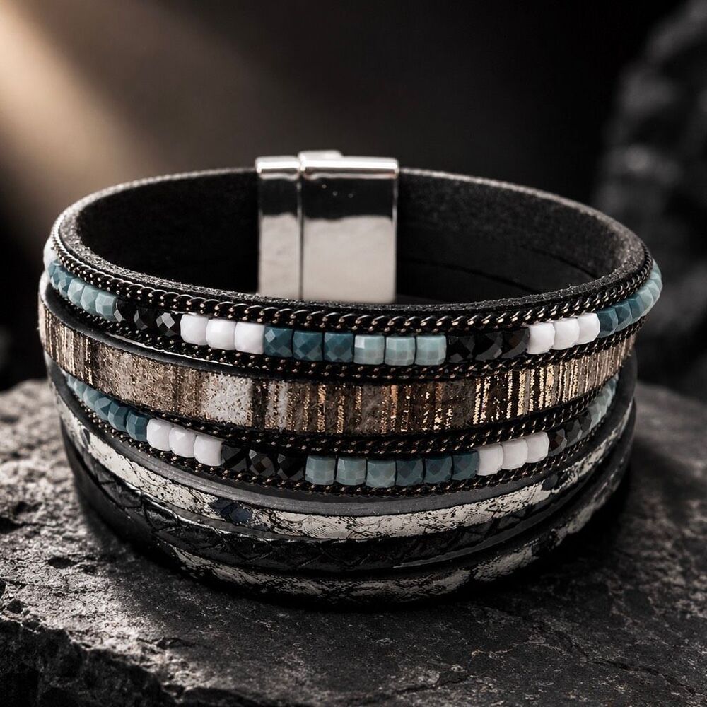 Black & White Multi-Strand Beaded Magnetic Clasp Cuff Bracelet